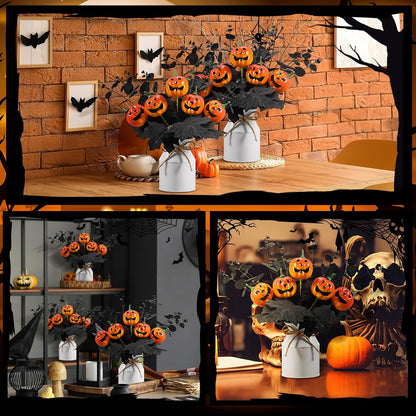Thiccywoov 4 Sets Halloween Table Centerpiece Decorations Artificial Black Pumpkins Eucalyptus with Metal Vase Faux Pumpkins Plants in Pots for Halloween Trick or Treat Party Home Dining Table Decor