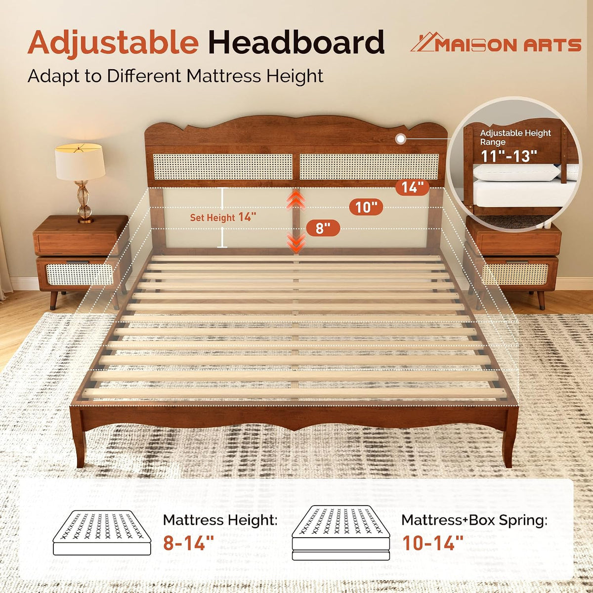 maison arts king size bed frame with adjustable, front angle view