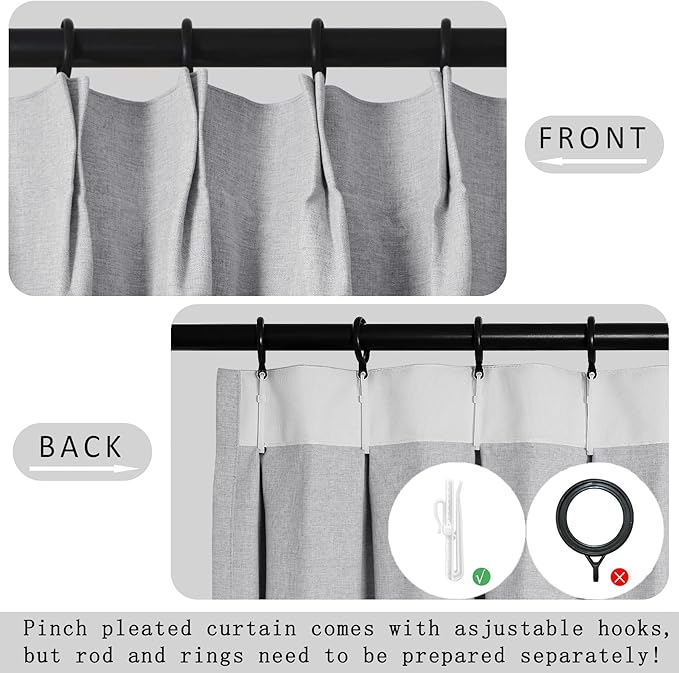 Macochico 100% Blackout Silver Grey Linen Curtains 84 Inches Long Pinch Pleated - Image 4