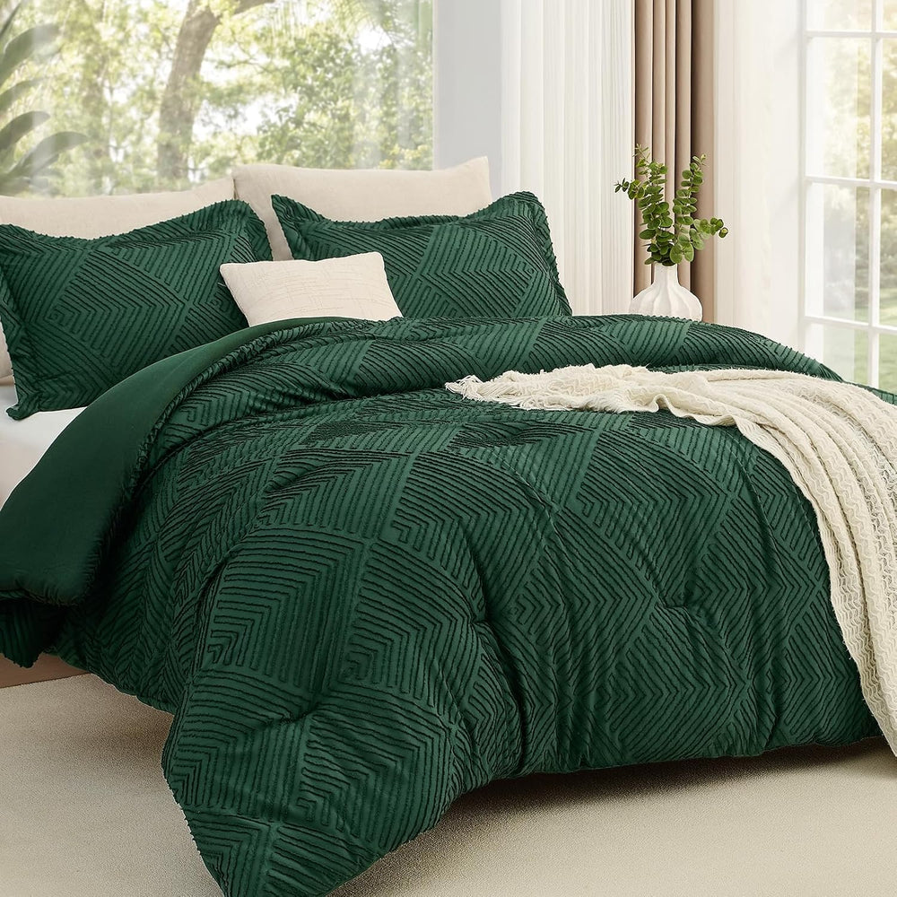 JOLLYVOGUE Emerald Green King Size Comforter Set, Boho Tufted Bedding Set 3-P...