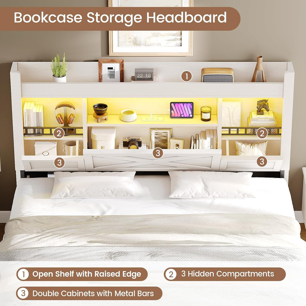 Farmhouse King Bed Frame with Flip-Down Bookcase Storage Headboard and 4 Draw...