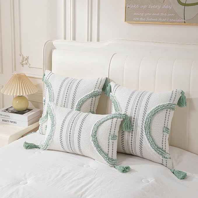 Boho Throw Pillow Covers 18x18 Set of 2 Cotton Woven Tufted Farmhouse Pillows - Image 4