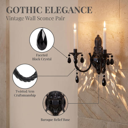 Black Iron Candle Sconces Gothic Wall Candle Holder Set of 2, Handcrafted Wrought Victorian Wall Mounted Candlestick with Acrylic Crystals for Halloween, Bedroom, Living Room, Dining Room