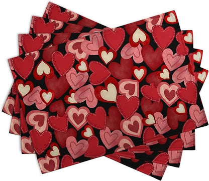 Valentines Day Love Hearts Placemats Set of 4 Valentine Red Black Heart Linen - Image 2