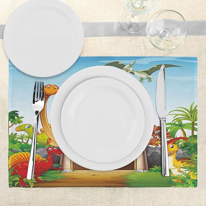 Ambesonne Dino Place Mats Set of 4, Cartoon Style Dinosaurs in a Dino Park - Image 3