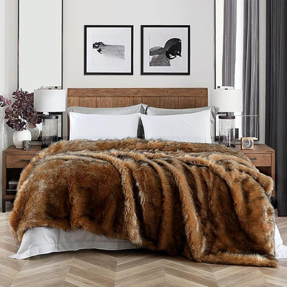 Luxury Plush Faux Fur Blanket King Size, Long Pile Brown - Image 2