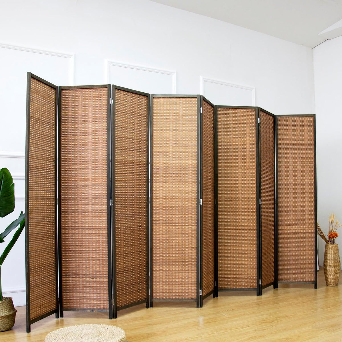 furnnylane 8 panel bamboo room divider - natural showing dimensions