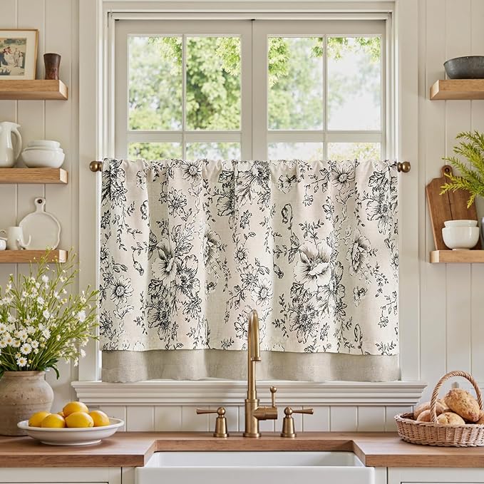 jinchan Linen Kitchen Curtain 24 Inch French Floral Double Layer Curtain by JINCHAN