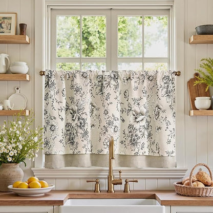 jinchan Linen Kitchen Curtain 24 Inch French Floral Double Layer Curtain by JINCHAN