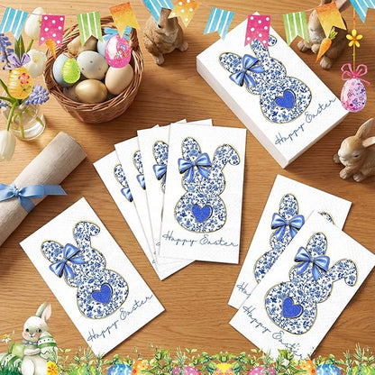 Peryiter 100 Pcs Easter Blue White Bunny Paper Napkins 13 x 15.7 Inch Retro - Image 3