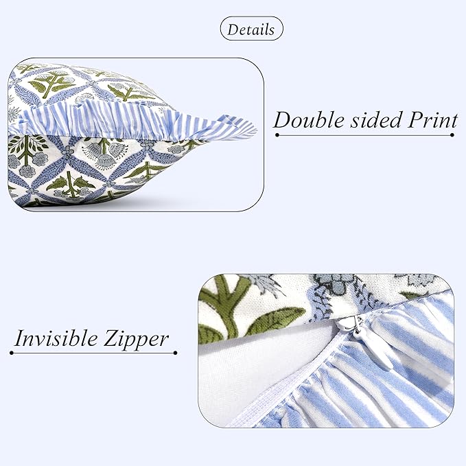 Ridhi Light Steel Blue 100% Cotton Block Print Ruffle Bed Sham Cover 20''×26'' - Image 2