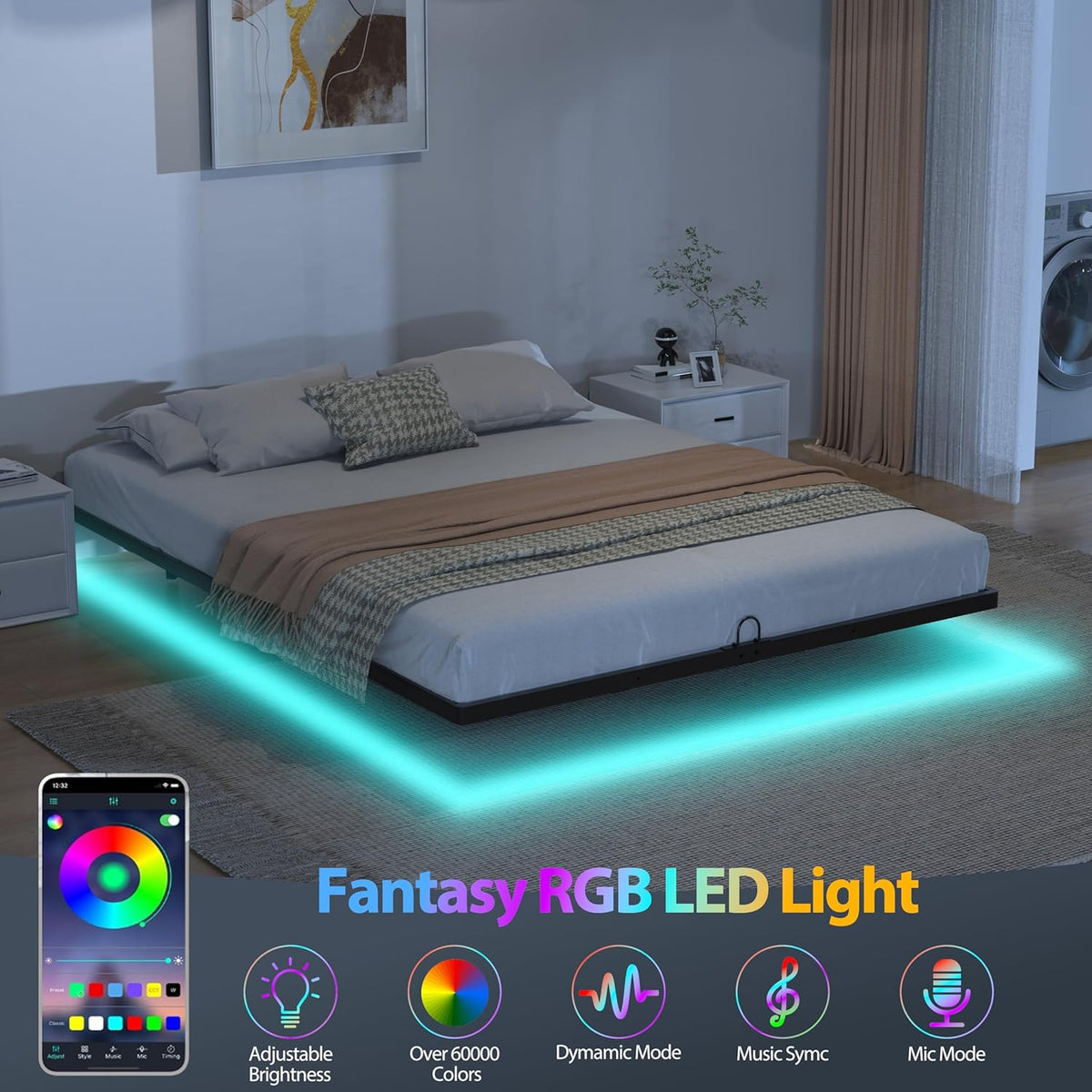 floating bed frame with smart led lights metal, side view