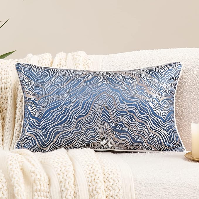 Avigers 12 x 20 Inch Rectangle Blue Silver Gold Abstract Striped Embroidery by Avigers