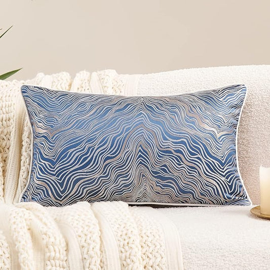 Avigers 12 x 20 Inch Rectangle Blue Silver Gold Abstract Striped Embroidery by Avigers