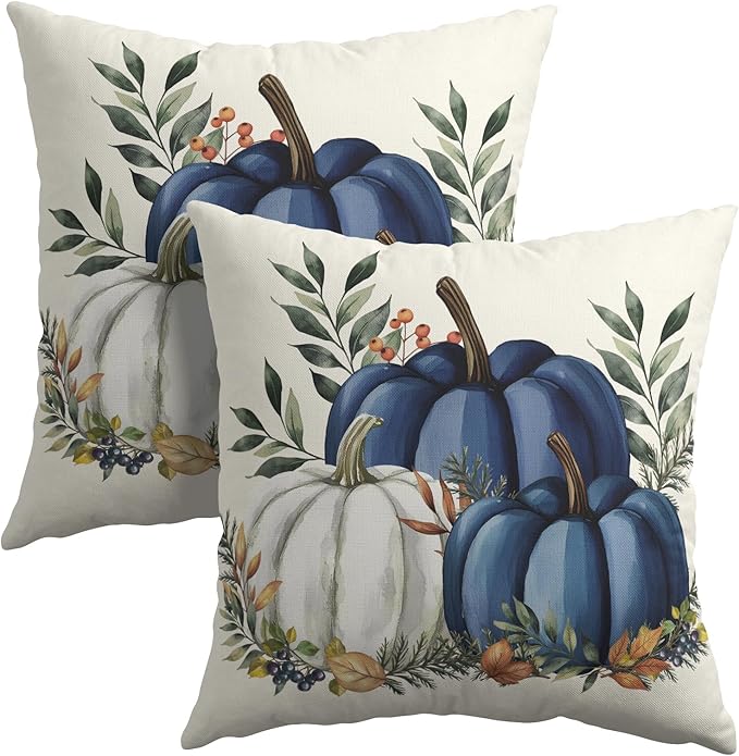 Pumpkins Throw Pillow Covers 16x16 inch 2 Packs Fall Blue and White Pumpkin by Granbey