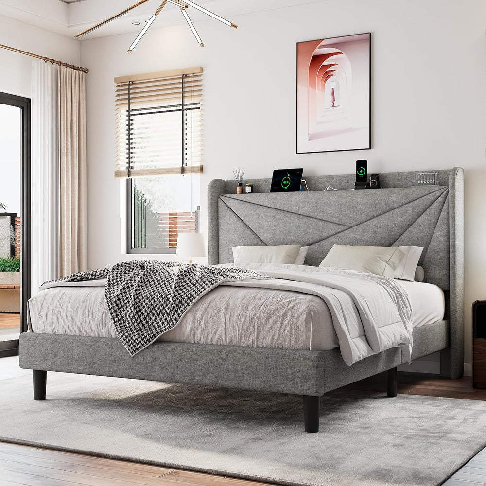 Queen Bed Frame with Headboard, Upholstered Platform Bed Frame with Charging ...