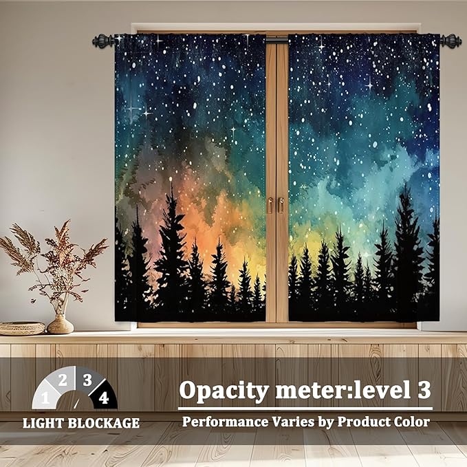 Renaiss 53 x 63 Inch Forest Starry Bedroom Curtains Light Filter Night Rustic - Image 3