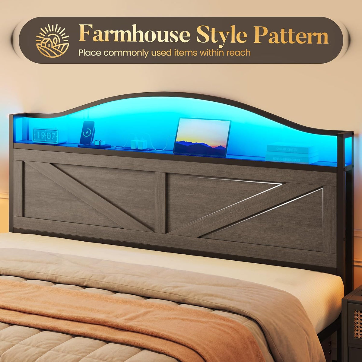 lifezone queen bed with farmhouse storage headboard, queen, side view