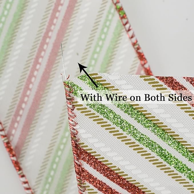 MEEDEE Red and Green Diagonal Striped Ribbon 2.5 Inch White Satin - Image 3
