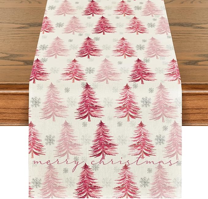 Artoid Mode Xmas Trees Snowflake Christmas Table Runner, Seasonal Winter Pink by ArtoidMode