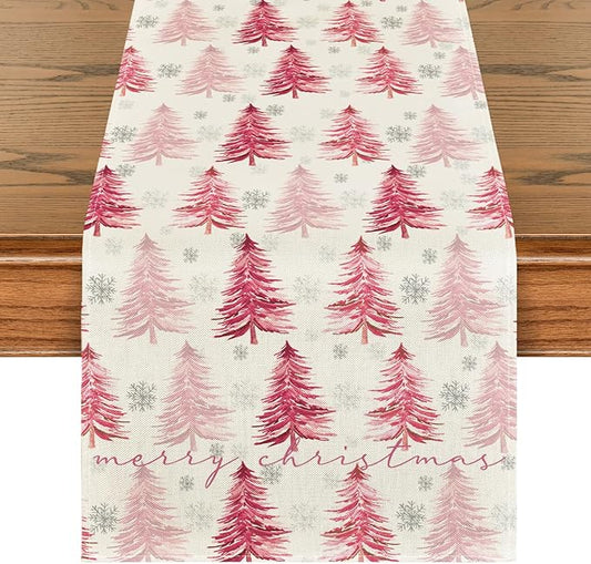 Artoid Mode Xmas Trees Snowflake Christmas Table Runner, Seasonal Winter Pink by ArtoidMode