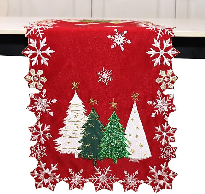 Christmas Tree Table Runner Embroidered Xmas Red White Snowflakes Runners Snow - Image 2