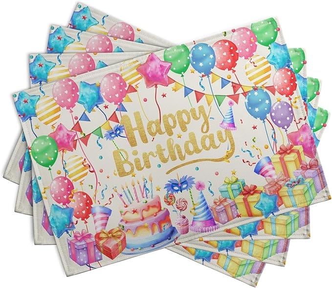 Happy Birthday Placemats Set of 4 Colorful Balloons Confetti Cake Linen Table - Image 2