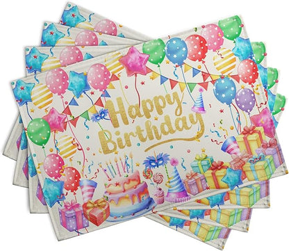 Happy Birthday Placemats Set of 4 Colorful Balloons Confetti Cake Linen Table - Image 2