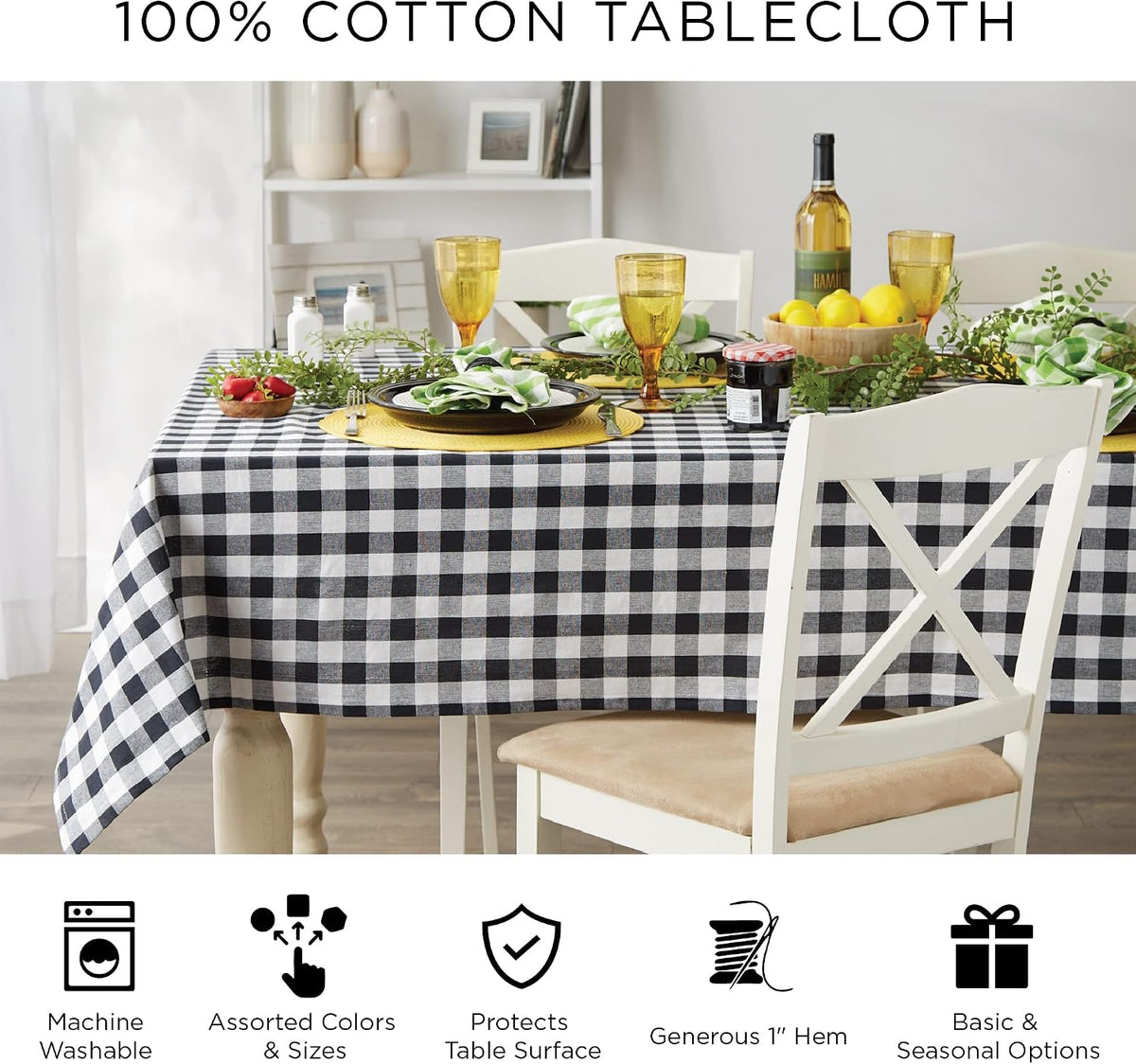 DII Halloween Tablecloth, 70 Inch Round, Orange & Black Buffalo Check Plaid