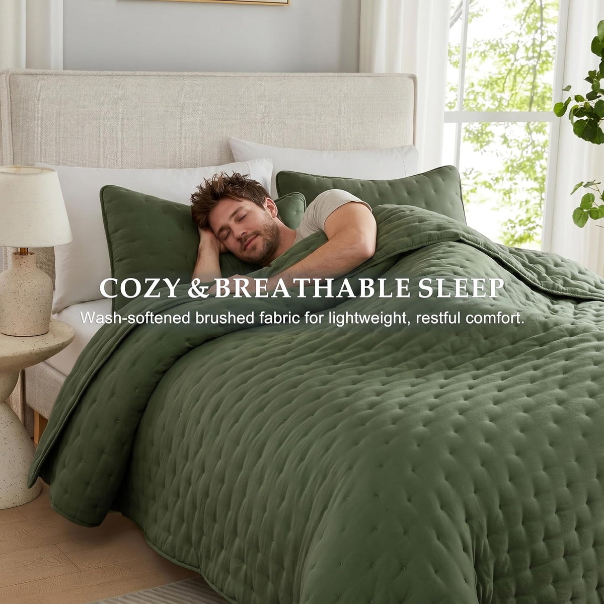wdcozy olive green california cal king size quilt shown in use