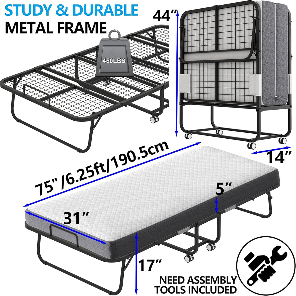 Folding Bed with Mattress 75" x 31" for Adults Single Cot Size Roll...