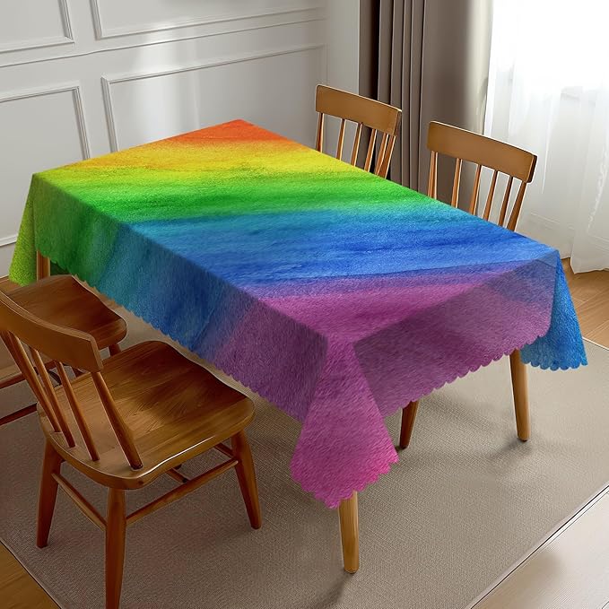 Rainbow Stripe Tablecloth Watercolor Rainbow Striped Boho Retro Colorful Table by Unknown