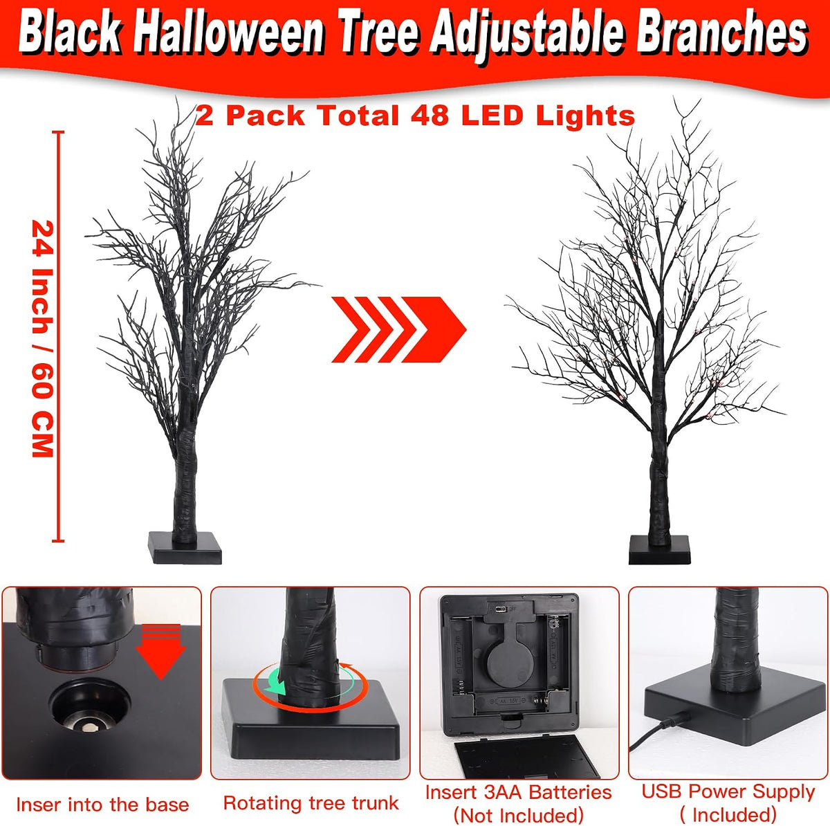 Halloween Decorations Indoor 2 Pack 24 Inch Black Halloween Tree with 48 Orange Red Led Lights, Timer/USB/Battery Operated Lighted Tabletop Spooky Tree for Halloween Table Decor Home Office Party