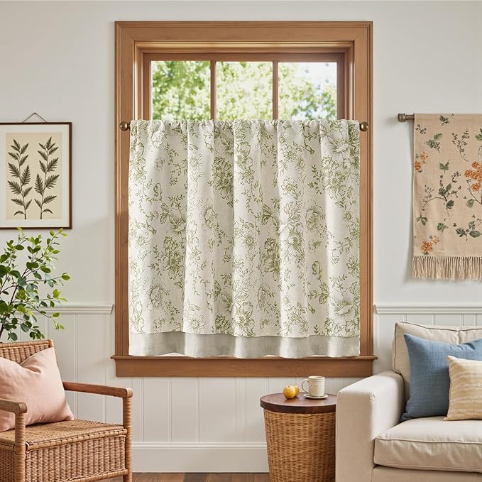 jinchan Linen Kitchen Curtain 36 Inch French Floral Double Layer Curtain - Image 2