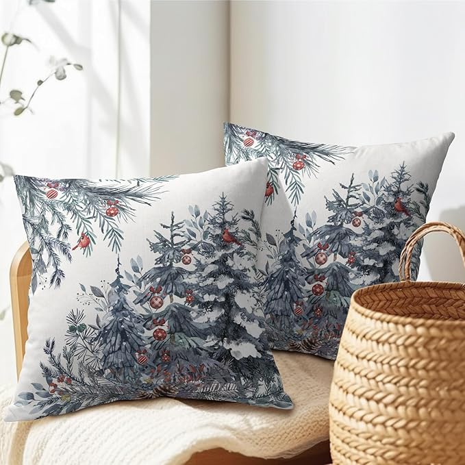 Christmas Tree Throw Pillow Covers 24x24 Inch Set of 2 Winter Watercolor Blue - Image 5