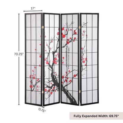 roundhill furniture black japanese 4-panel screen room divider on a desk or shelf