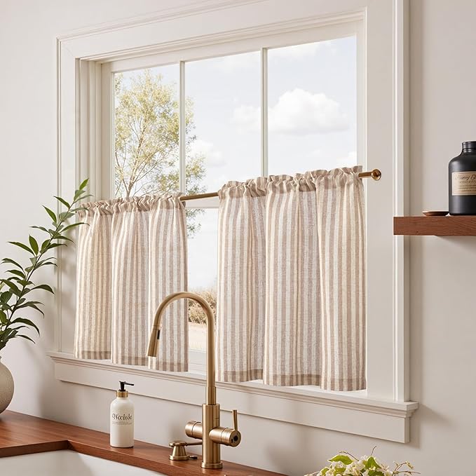 jinchan Striped Linen Kitchen Curtains 24 Inches Length Tier Curtains Farmhouse - Image 2