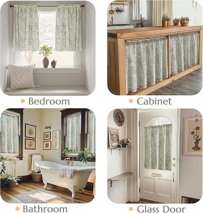 JINCHAN Floral Linen Tier Curtains Floral Sage on Beige Cafe Curtains 36 Inch - Image 3