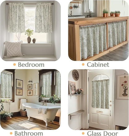 JINCHAN Floral Linen Tier Curtains Floral Sage on Beige Cafe Curtains 36 Inch - Image 3