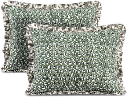 Ridhi Peacock Blue 100% Cotton Block Print Ruffle Bed Sham Cover 20''×26'' Boho by Ridhi