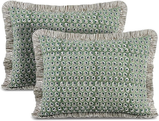 Ridhi Peacock Blue 100% Cotton Block Print Ruffle Bed Sham Cover 20''×26'' Boho by Ridhi