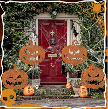 MorningRo 4 Pcs Halloween Outdoor Decoration Rusty Pumpkin Metal Yard Signs