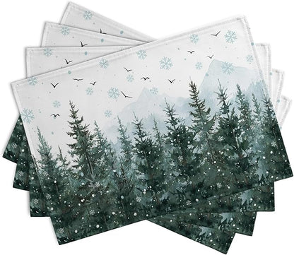 Winter Pine Tree Snowflake Placemats Set of 4 Christmas Snow Green Forest Place - Image 2