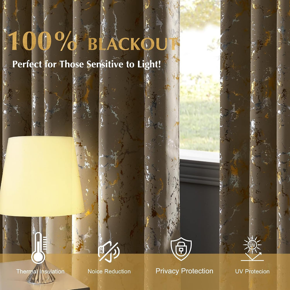 NICETOWN Sliver Gold Foil Patterned Beige Blackout Curtains 84 Inches Long