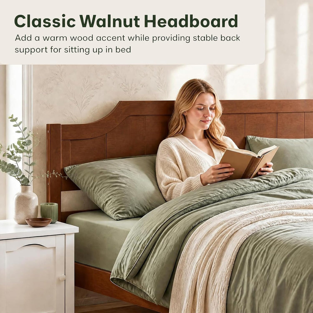 KOMFOTT Queen Size Bed Frame with Headboard, Wood Platform Bed (Walnut)