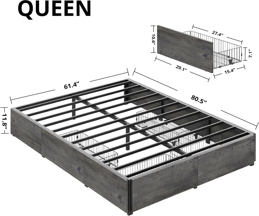 LIKIMIO Queen Bed Frame with 4 Storage Drawers, Charcoal Grey