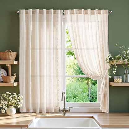 jinchan Winslow Linen Curtains 54 Inch Length Small Window Curtains Embroidered by JINCHAN