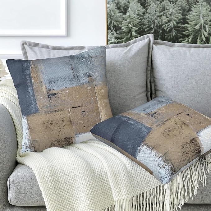 Throw Pillow Covers Grey and Brown Abstract Art Pillow Covers 16x16 Inch Set of - Image 5