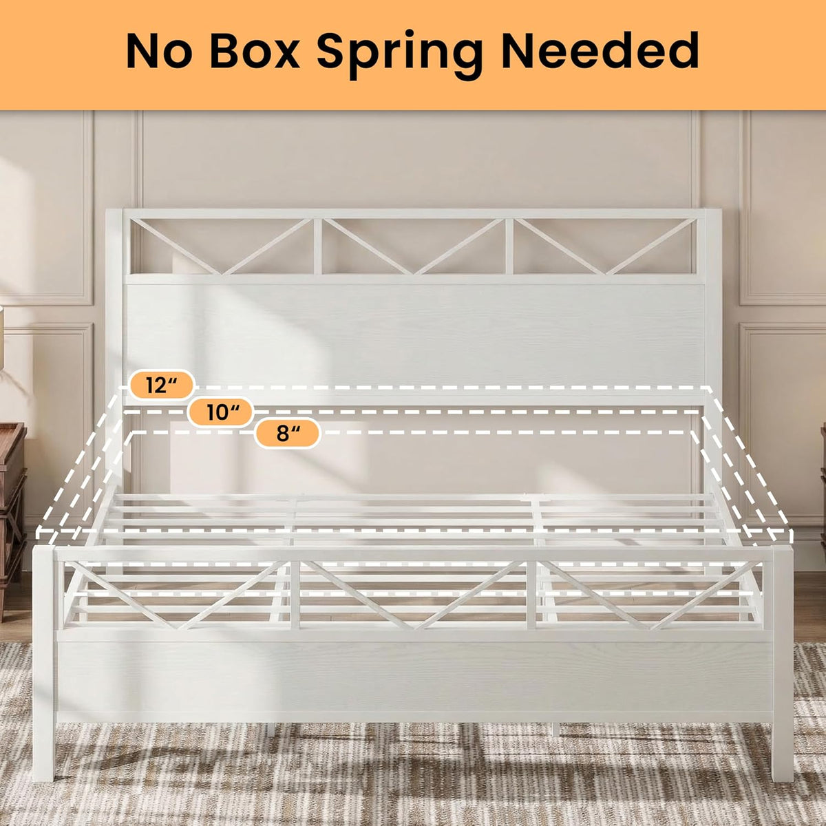 likimio king size bed frame, tall modern headboard showing dimensions