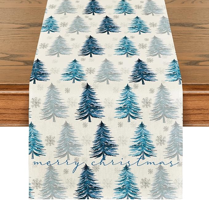 Artoid Mode Xmas Trees Snowflake Christmas Table Runner, Seasonal Winter Blue by ArtoidMode